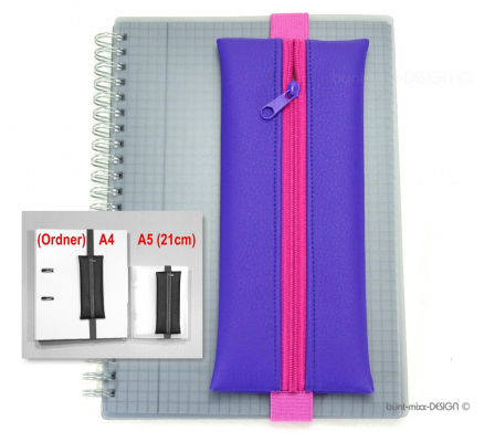 Mäppchen mit Gummiband, A5 / A4 Bullet Journal Ordner, Kunstleder violett lila, Zipper pink, by BuntMixxDesign